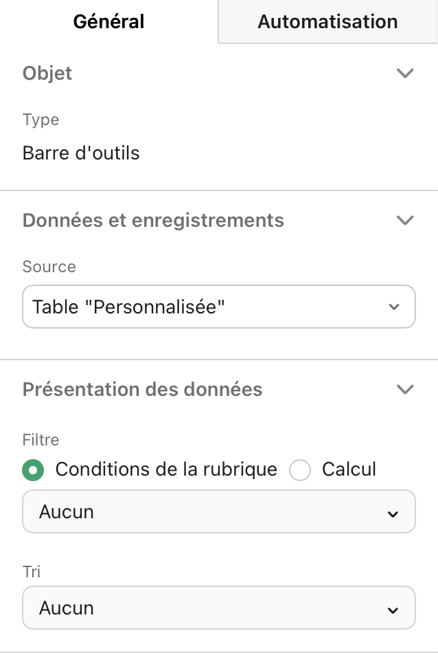 volet Propriétés, onglet Général