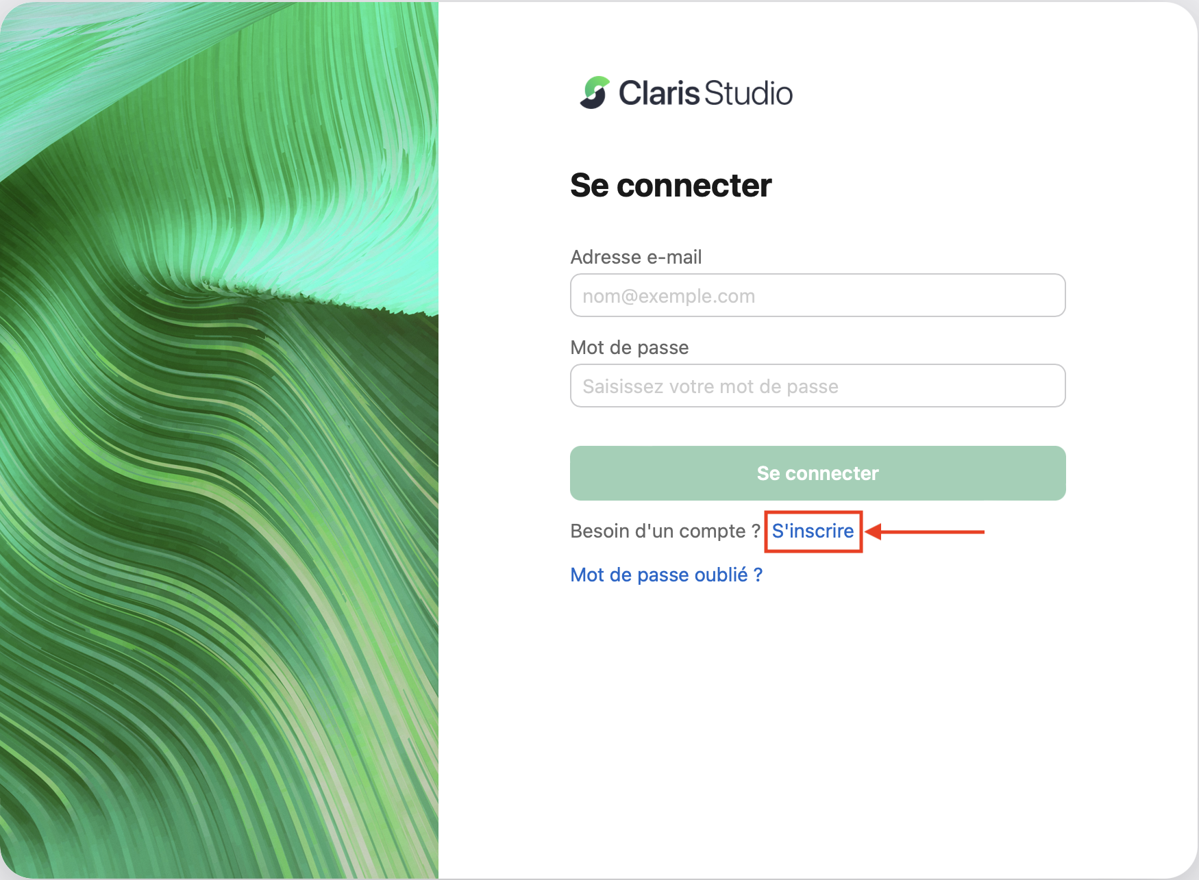 Cliquer pour agrandir Page de connexion ou d'inscription de Claris Studio avec inscription indiquée