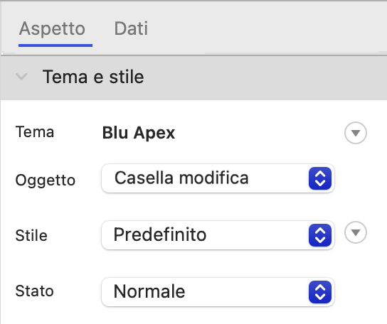 Pannello Impostazioni in cui sono visualizzate le schede Aspetto e Dati in macOS