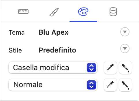 Pannello Impostazioni in cui sono visualizzate le schede Posizione, Stili, Aspetto e Dati in Windows