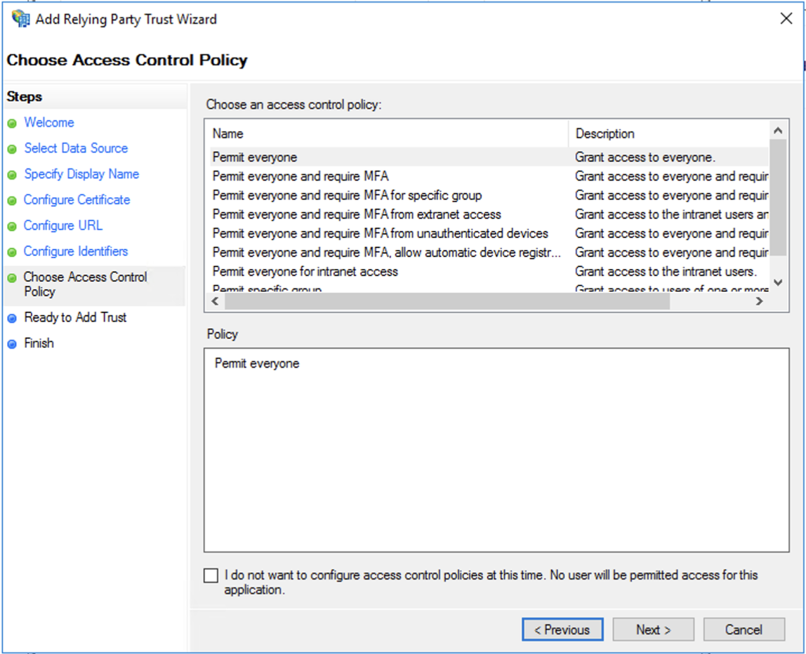 Active Directory Federation Services, procedura guidata attendibilità relying party, selezione del criterio di controllo degli accessi