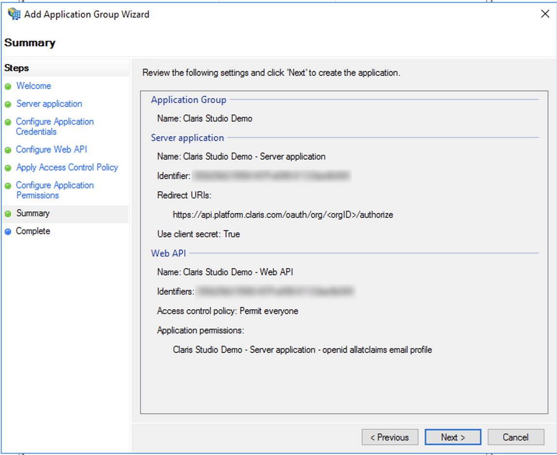 Active Directory Federation Services, procedura guidata gruppo di app, riassunto