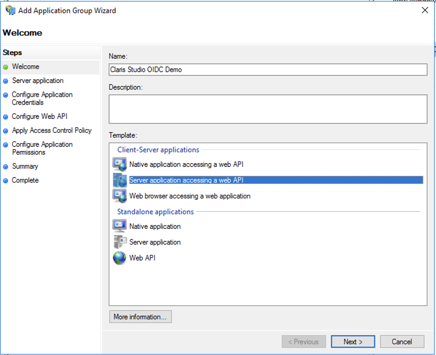 Active Directory Federation Services, modello di procedura guidata gruppo di app, API Web