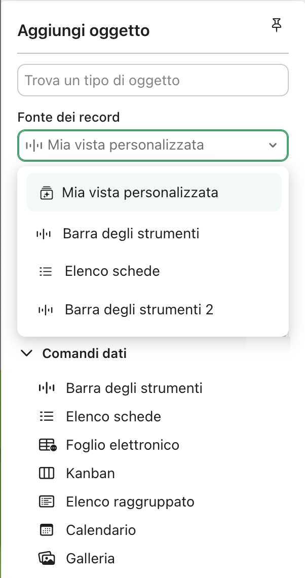 Vista personalizzata, menu Aggiungi oggetto, menu Origine record