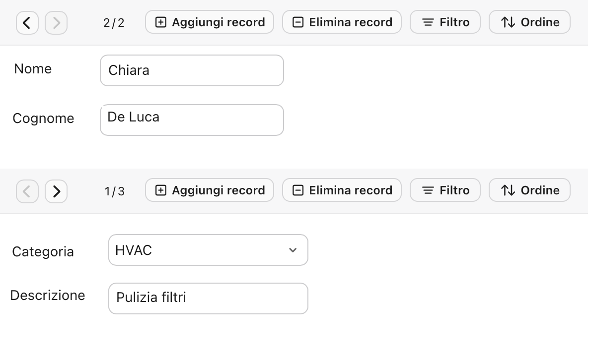 Vista personalizzata, sottovista, due barre degli strumenti, ciascuna delle quali utilizza una tabella di origine diversa