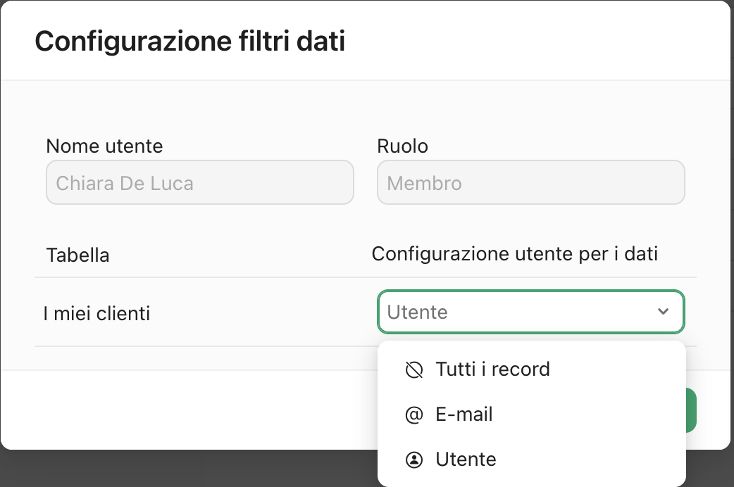 opzioni Configurazione filtri dati, Configurazione utente per i dati