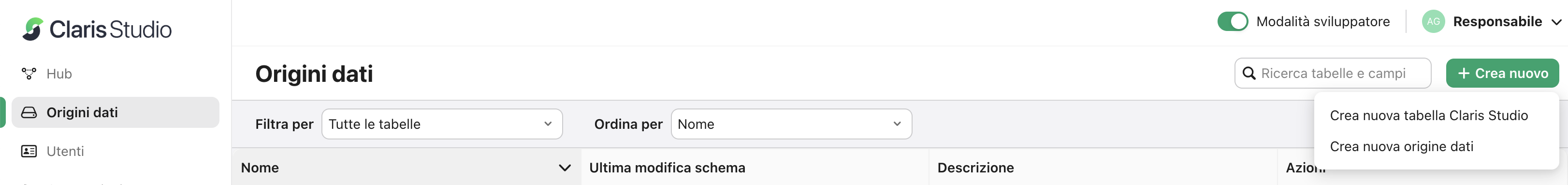 Scheda Origini dati, Crea nuovo