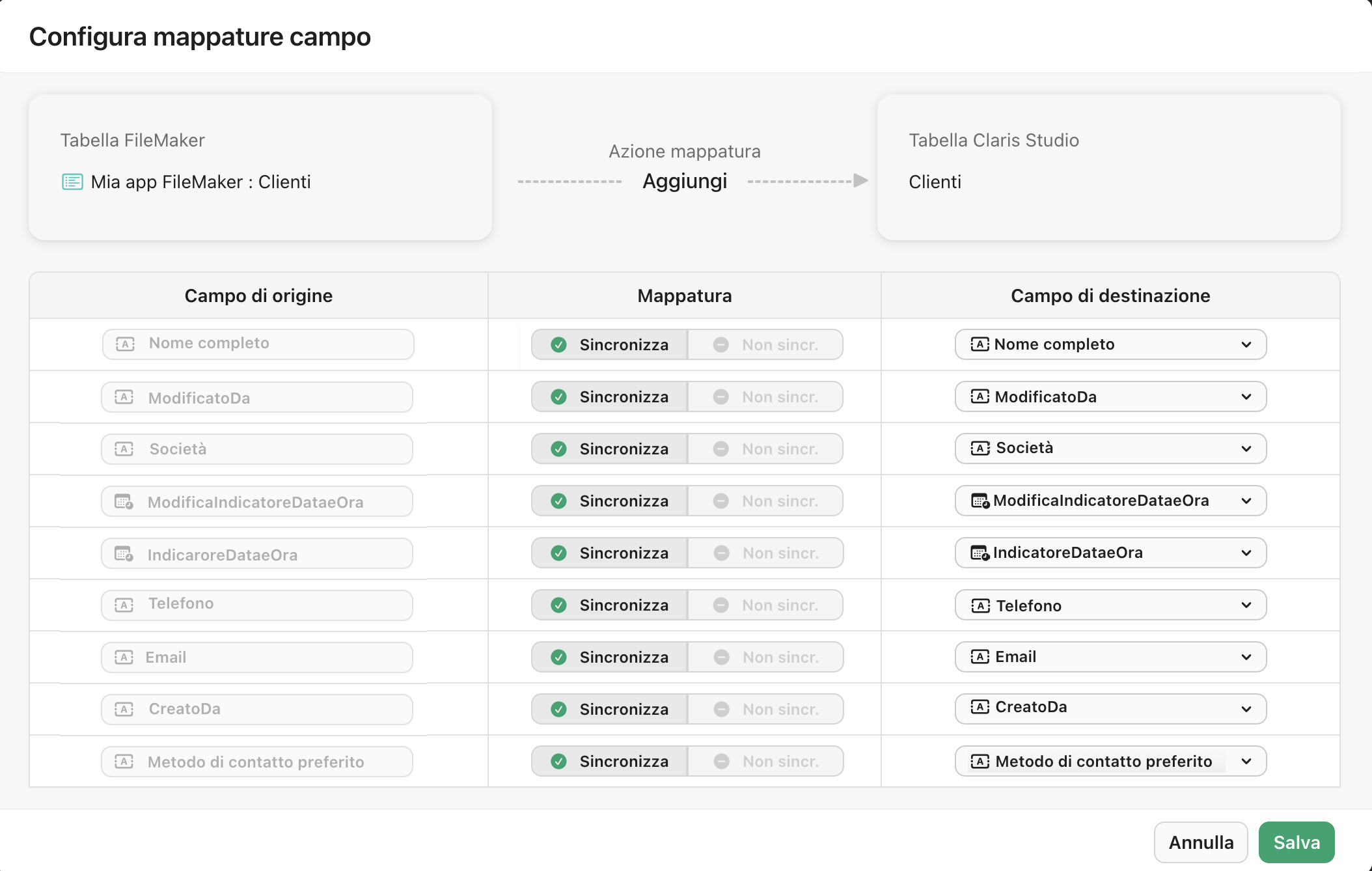 Origini dati, finestra di dialogo Configura mappature campi, elenco di campi