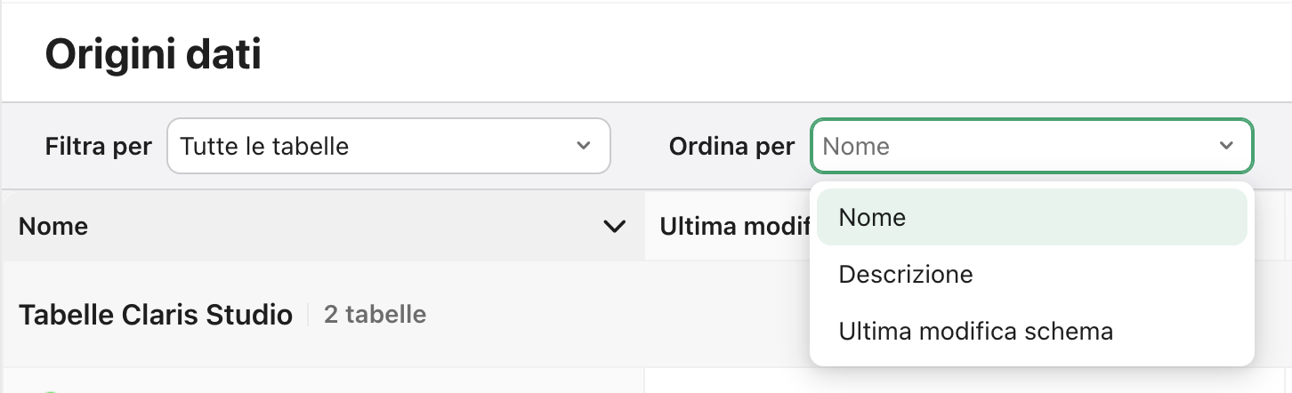 Scheda Origini dati, Ordina per