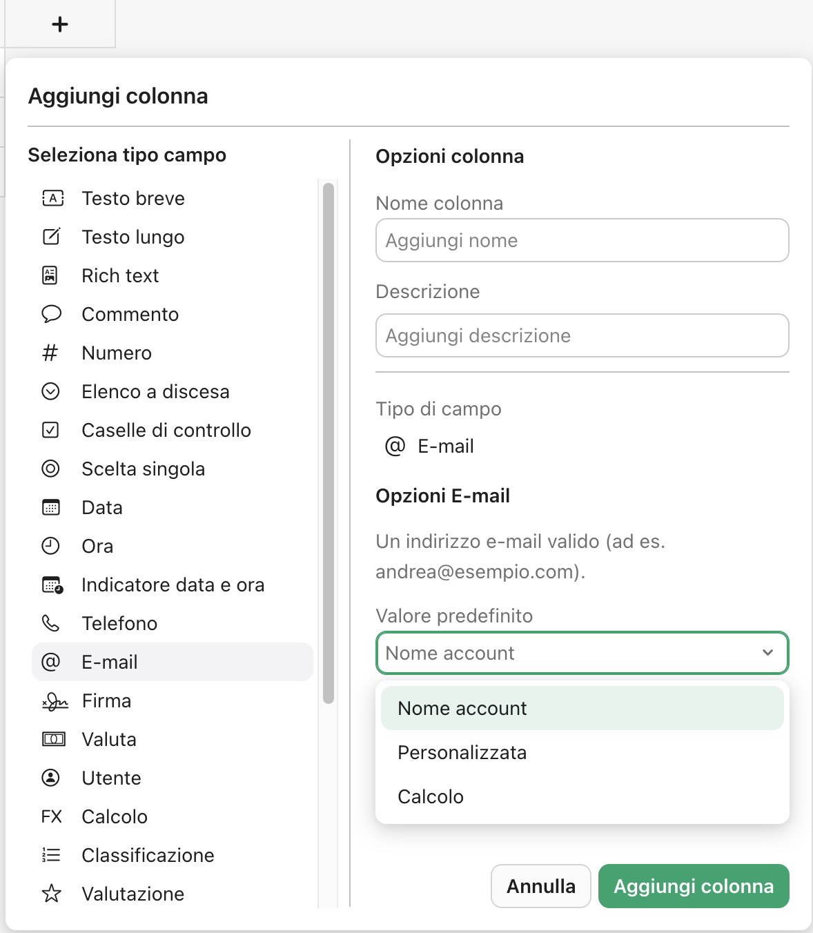 Aggiungi colonna, Campo E-mail, Valore predefinito, Nome account