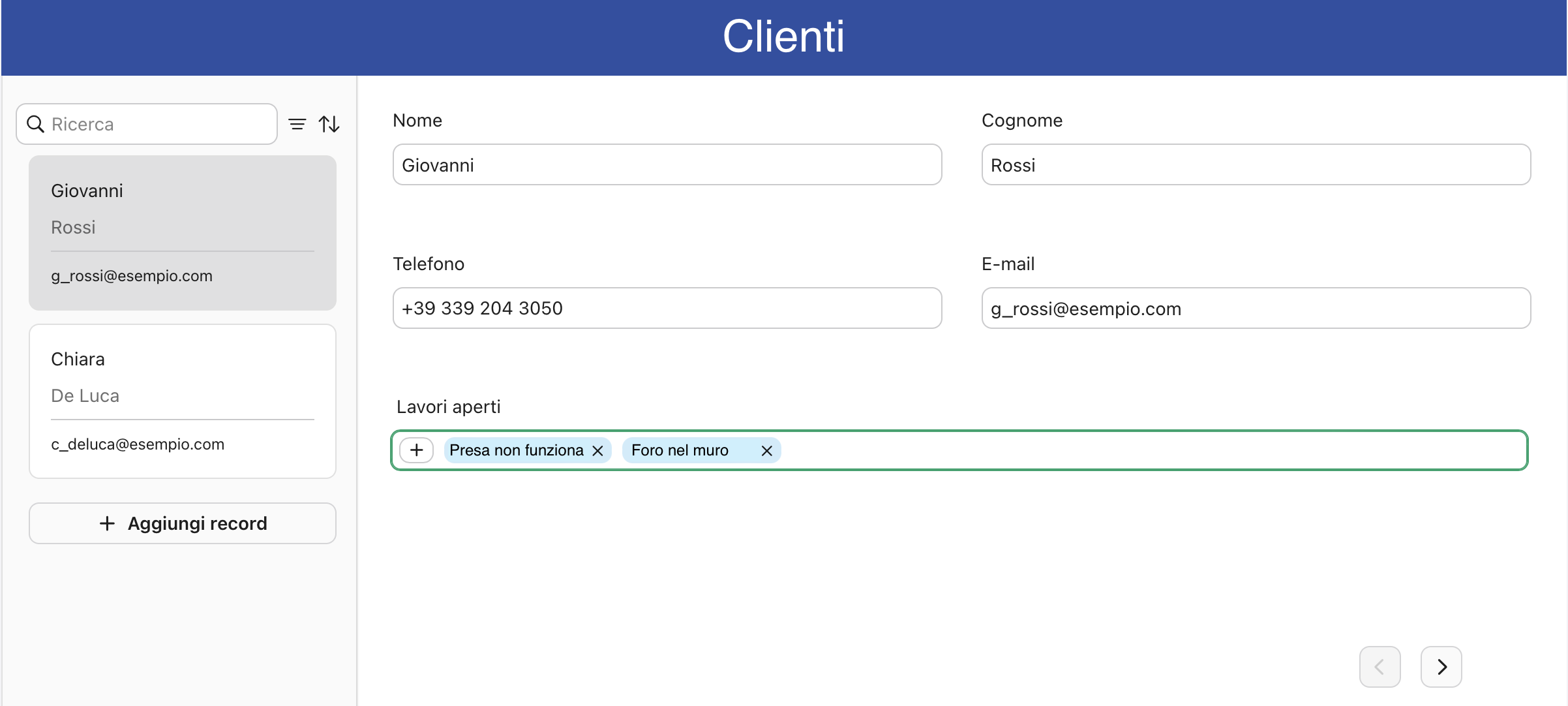 Esempio di campo Dati correlati, Lavori aperti per un cliente