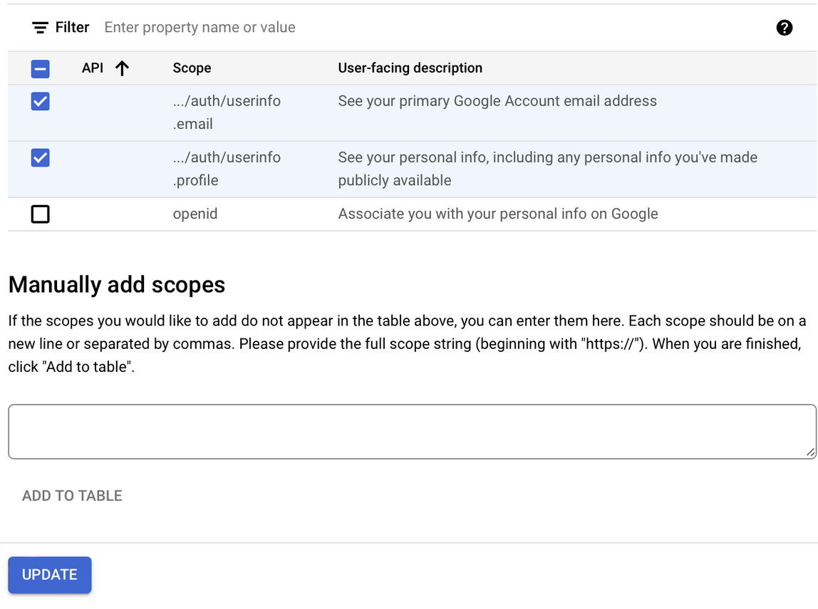 Google Workspace OIDC, aggiunta di ambiti