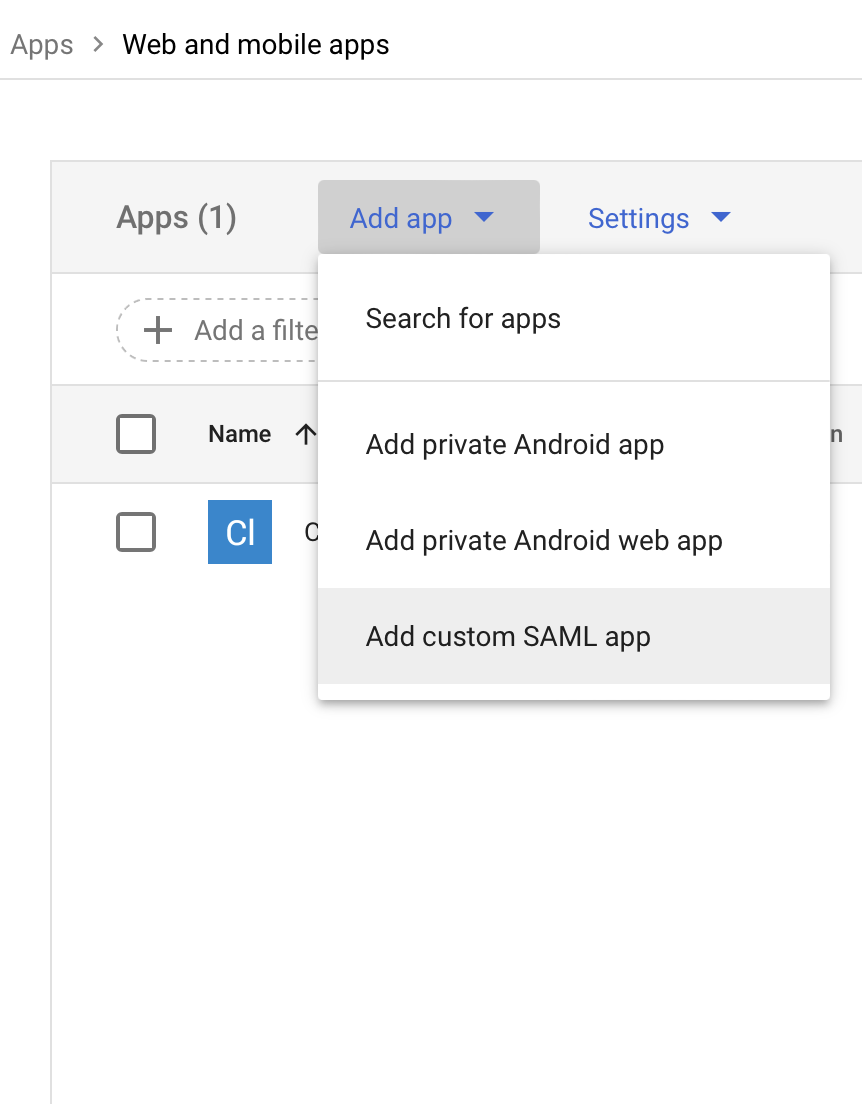 Google Workspace SAML, Aggiungi app SAML personalizzata