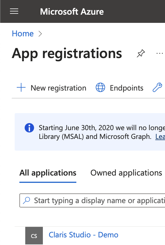 Microsoft Azure, registrazioni di app, tutte le applicazioni, la tua app