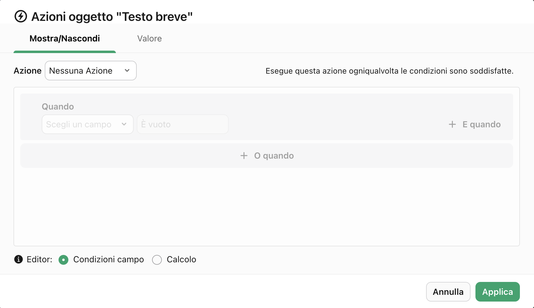 Finestra di dialogo Azioni oggetto