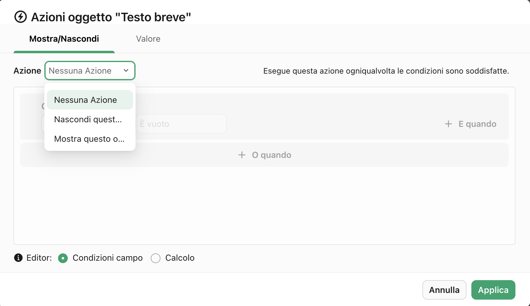 Azioni oggetto, opzioni azione Mostra/Nascondi
