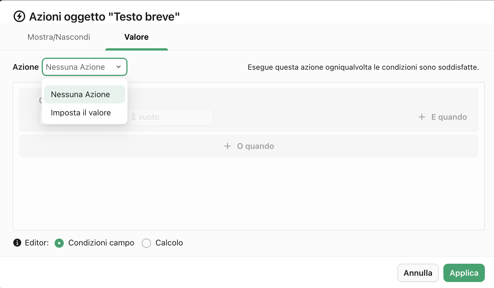 Azioni oggetto, Valore, Azione