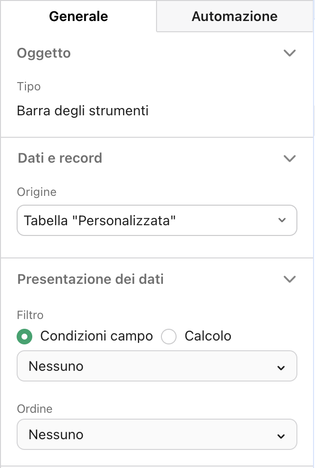 Pannello Proprietà, scheda Generale
