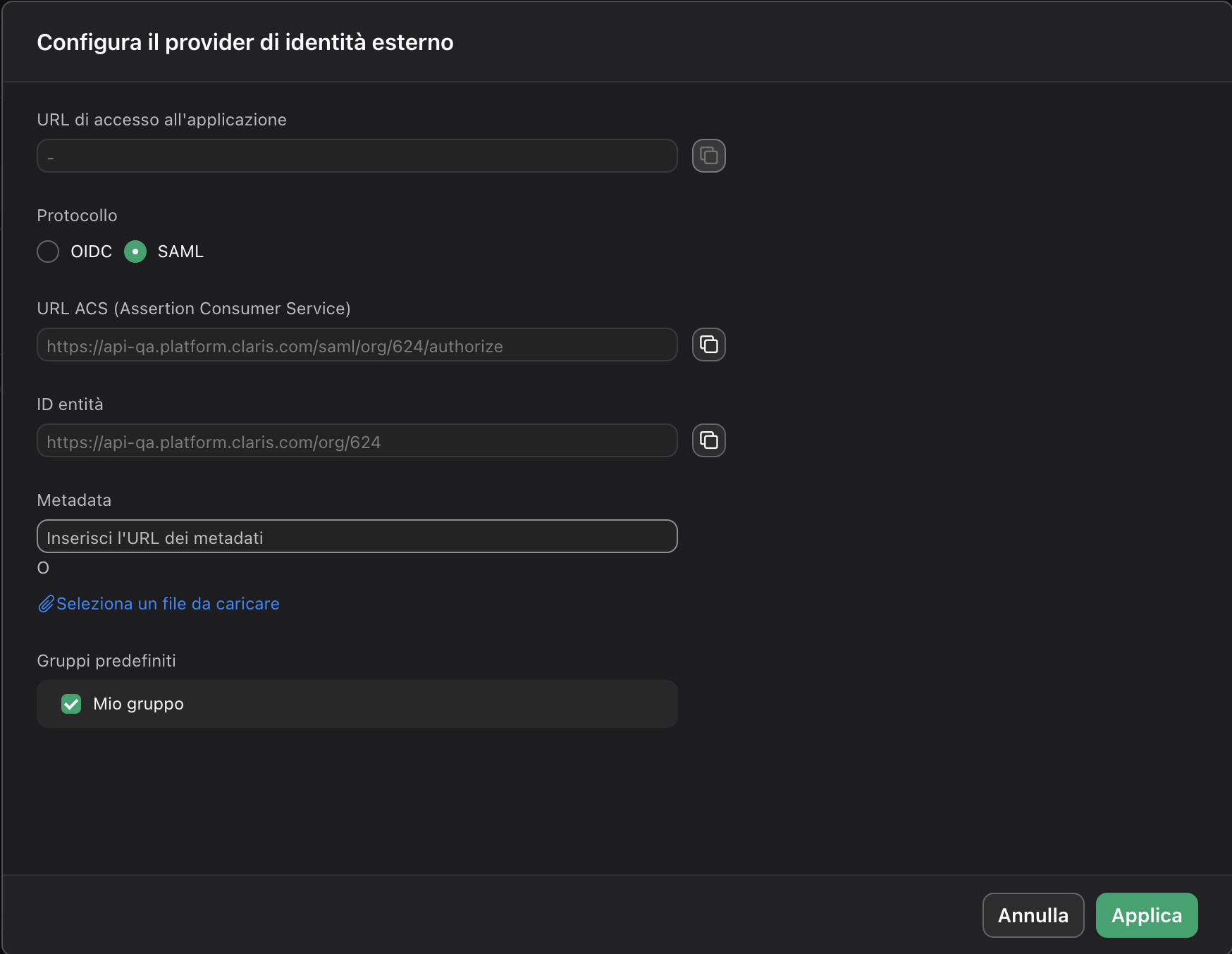 Claris Studio, Active Directory Federation Services SAML, configurazione IdP esterno