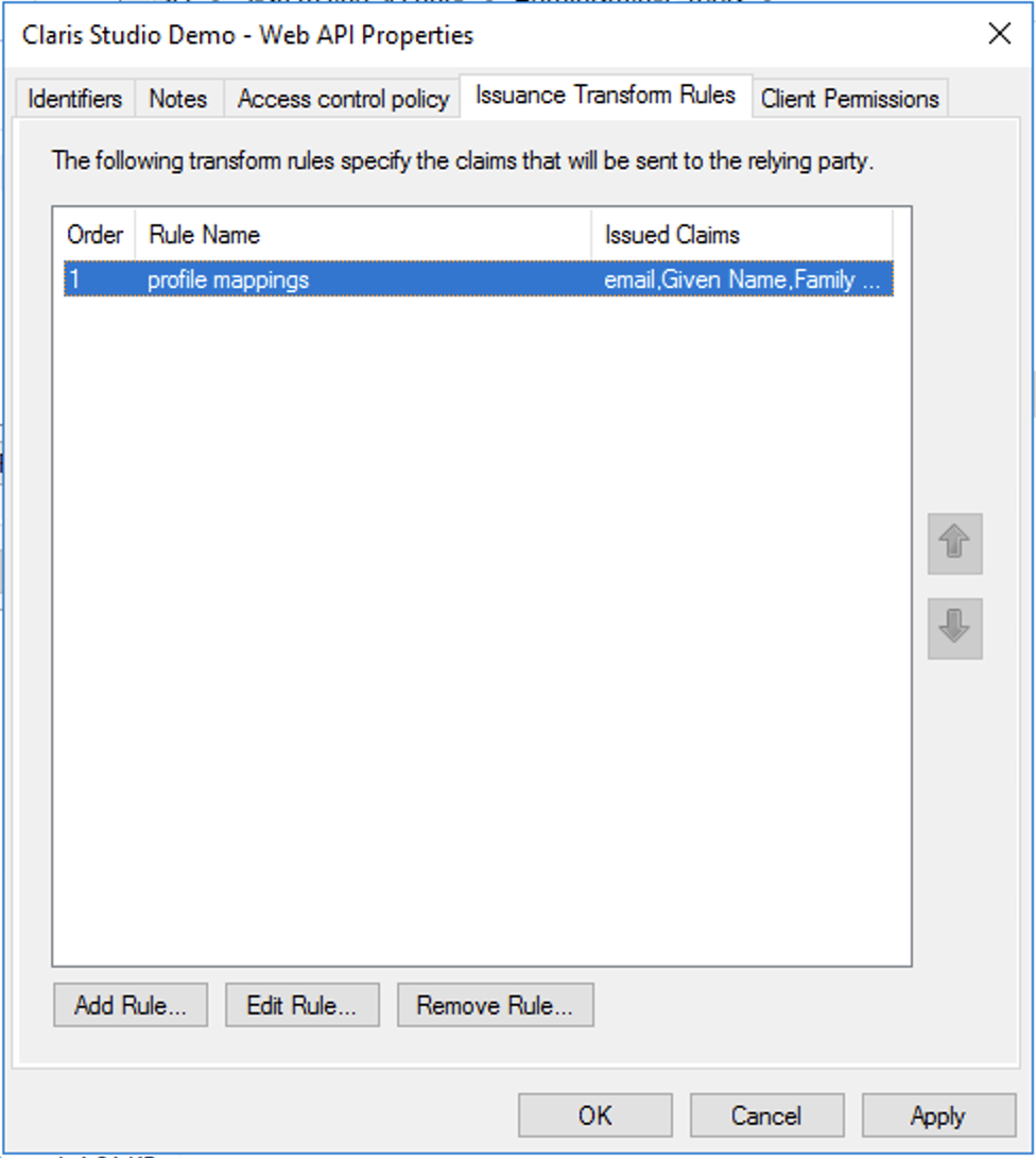 Active Directory Federation Services, regole di trasformazione emissione proprietà API Web