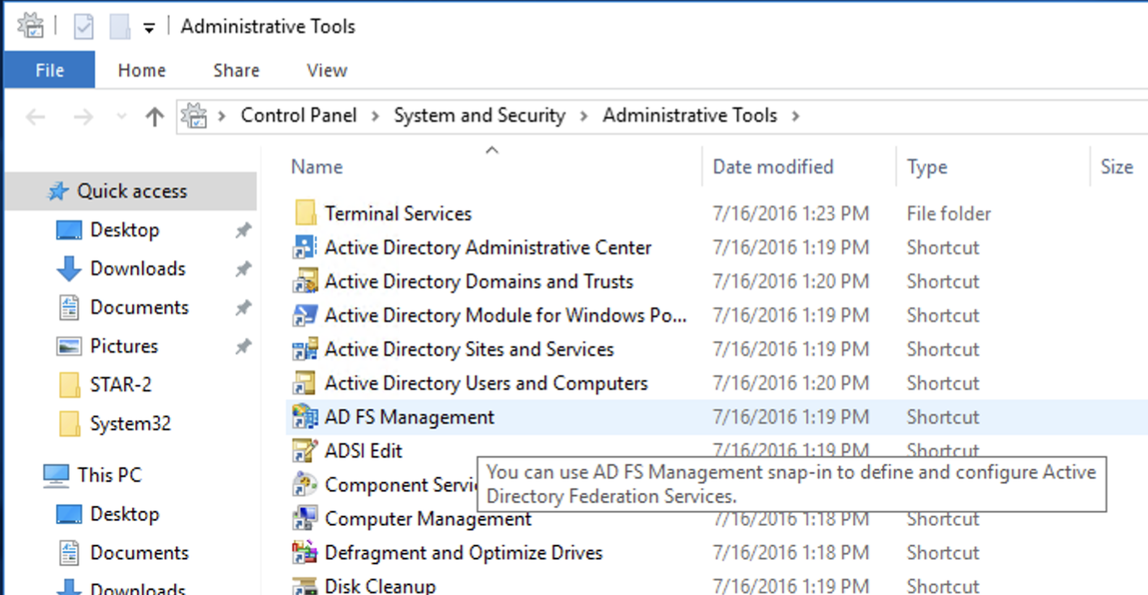 AD FS (Active Directory Federation Services)、管理ショートカット