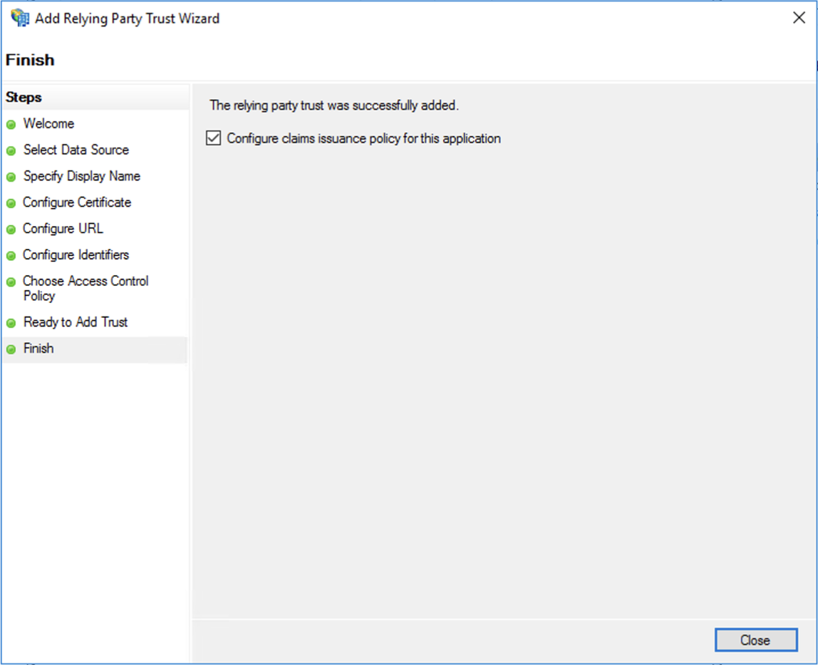 AD FS (Active Directory Federation Services)、証明書利用者信頼ウィザード、完了