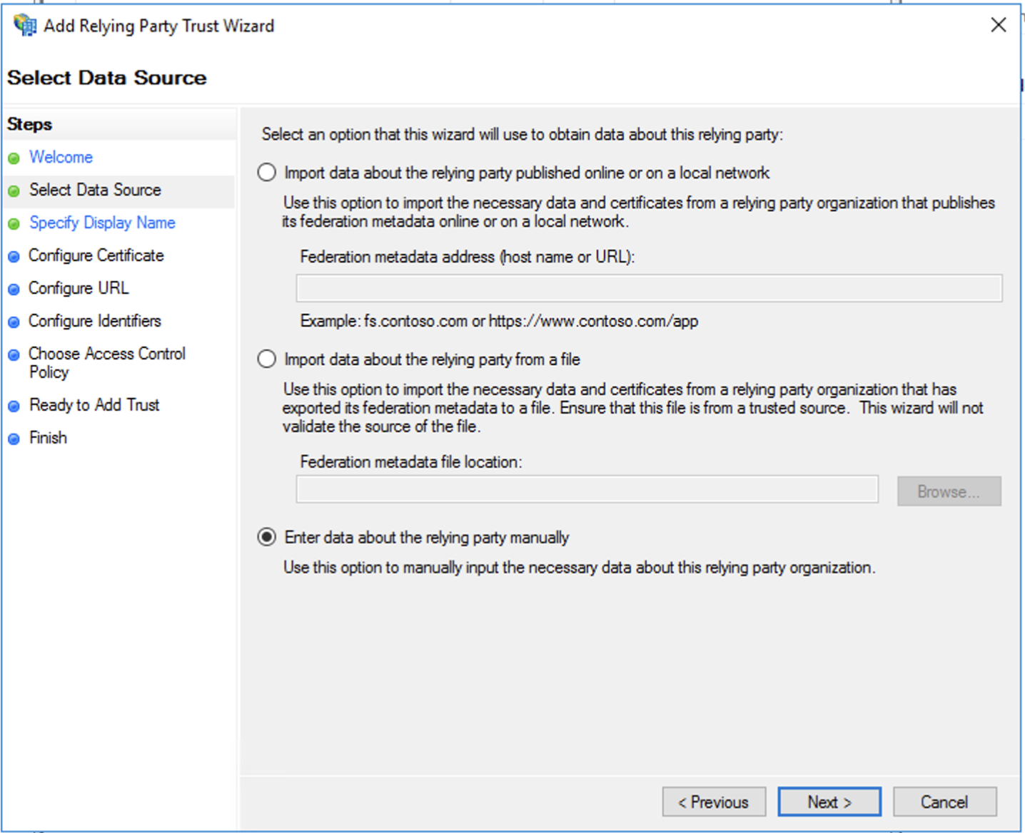 AD FS (Active Directory Federation Services)、証明書利用者信頼ウィザード、データソースの指定