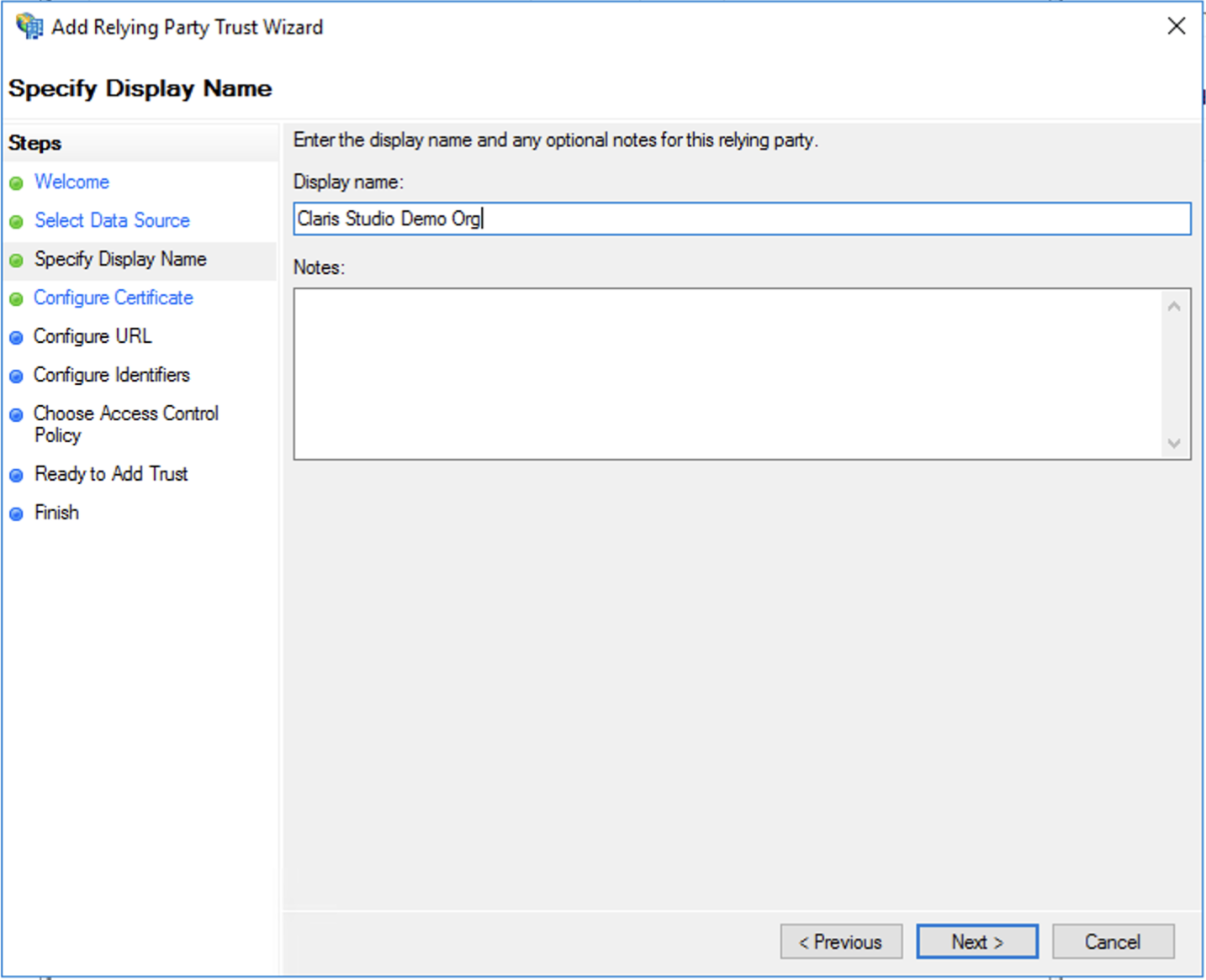 AD FS (Active Directory Federation Services)、証明書利用者信頼ウィザード、表示名の指定
