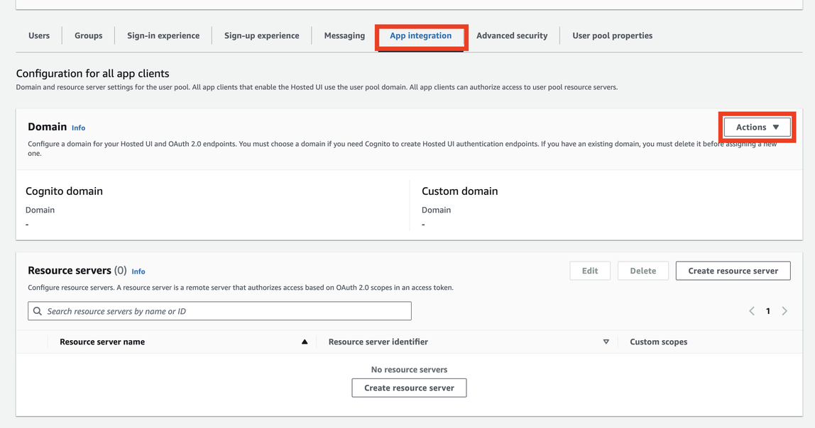 Amazon Cognito、アプリケーションの統合、[Actions (アクション)] > [Create Domain (ドメインの作成)]