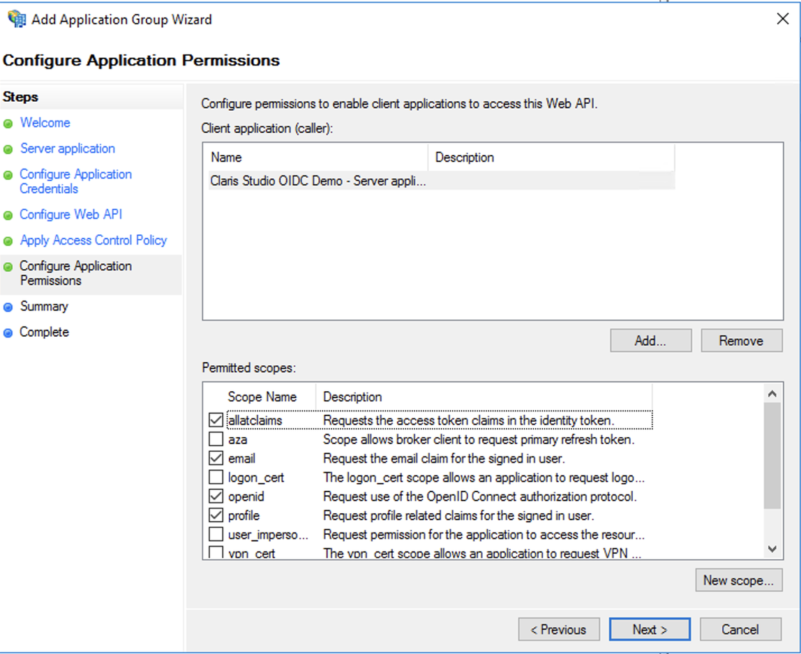 AD FS (Active Directory Federation Services)、アプリケーショングループウィザード、アプリケーションの権限