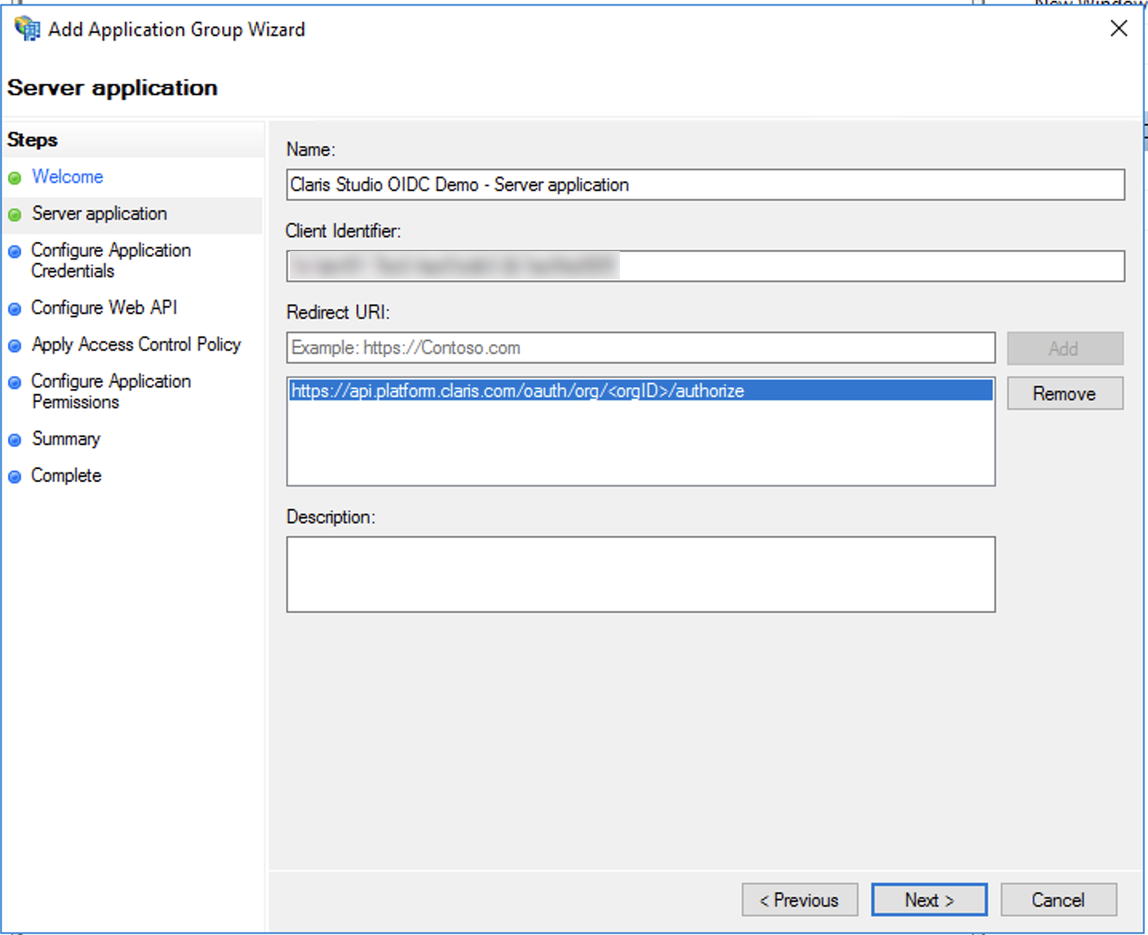 AD FS (Active Directory Federation Services)、アプリケーショングループウィザード、リダイレクト URI
