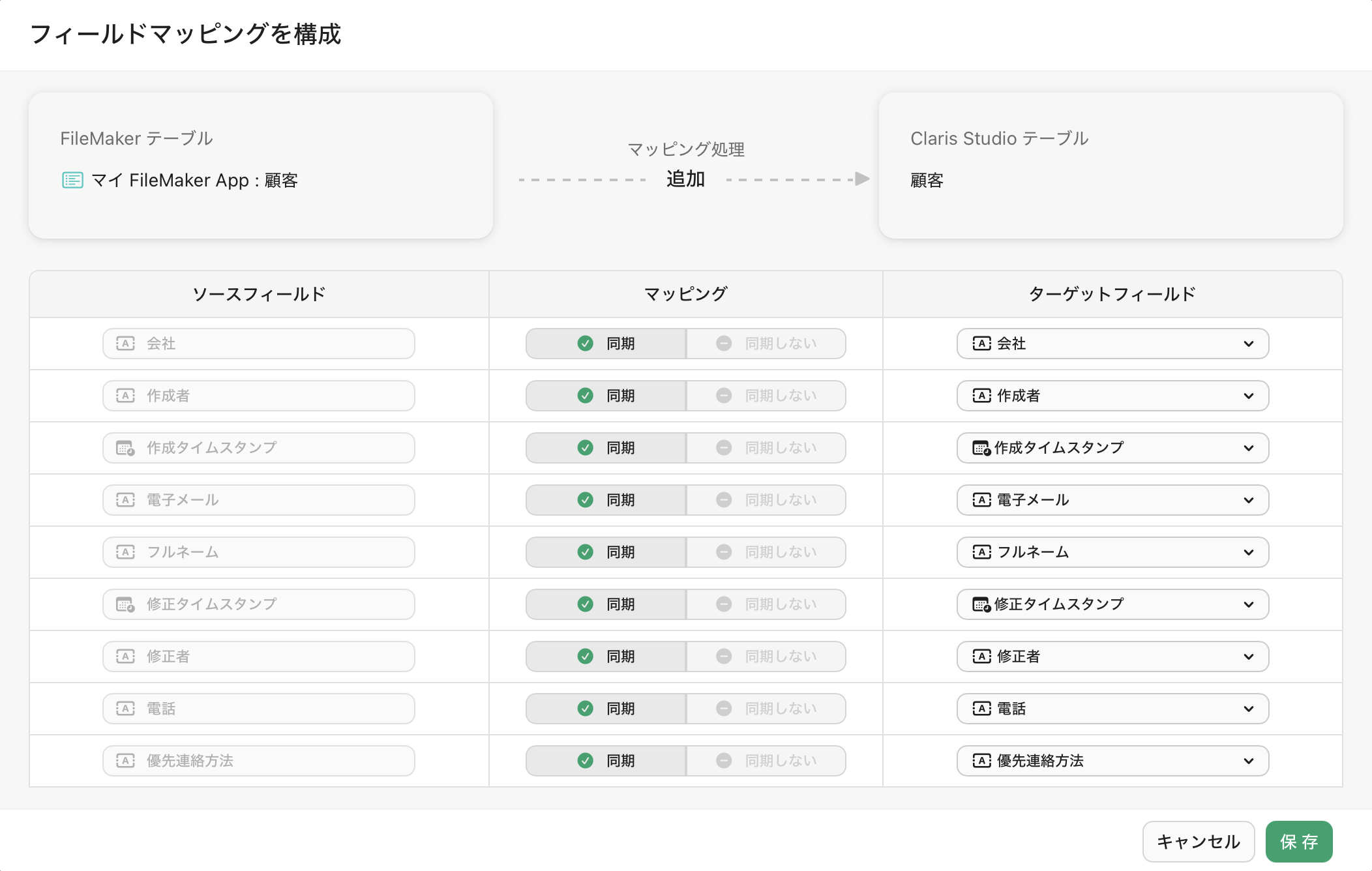 データソース、[フィールドマッピングを構成] ダイアログボックス、フィールドの一覧