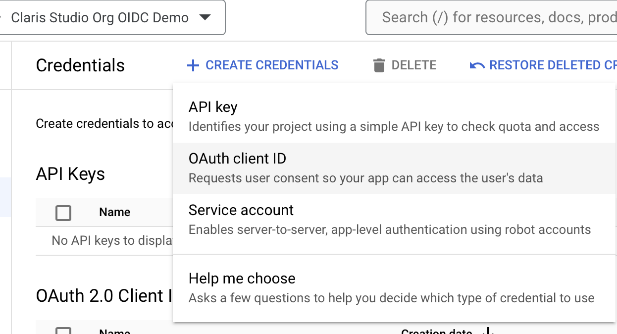 Google Workspace OIDC、認証情報の作成、OAuth クライアント ID