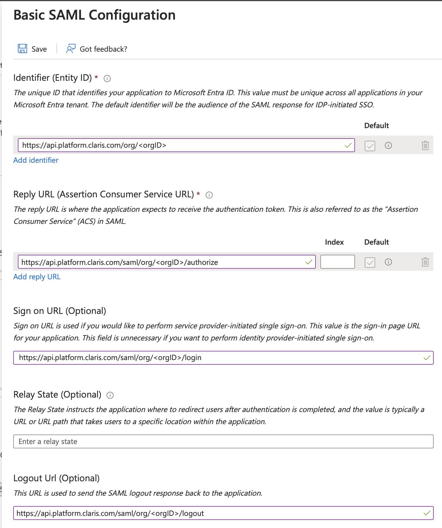 Microsoft Azure、基本的な SAML 構成、詳細