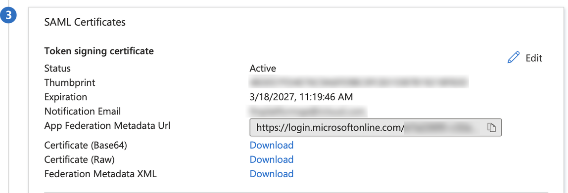 Microsoft Azure、SAML 証明書、App のフェデレーションメタデータ URL
