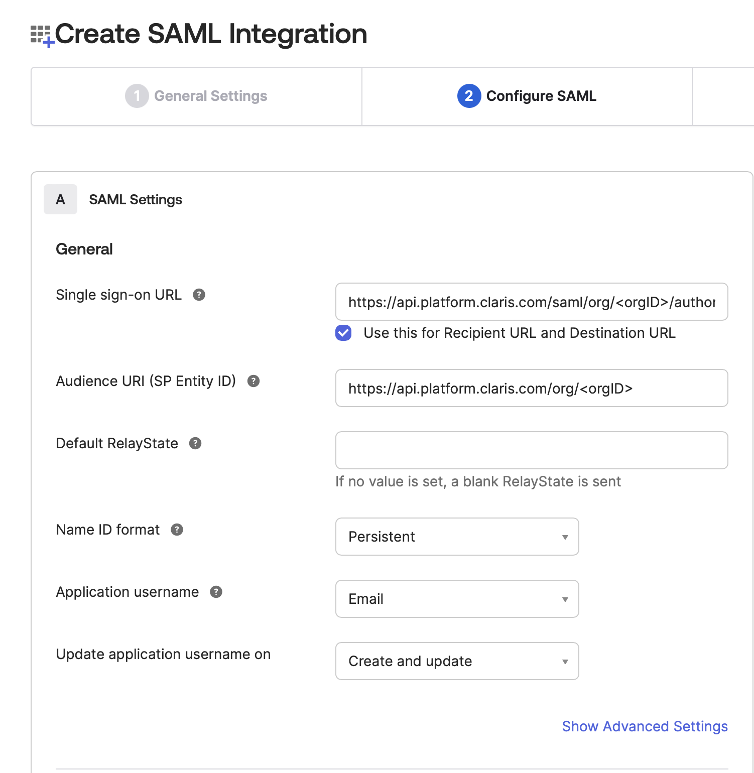 Okta、SAML 統合を作成、SAML を構成、SAML の設定