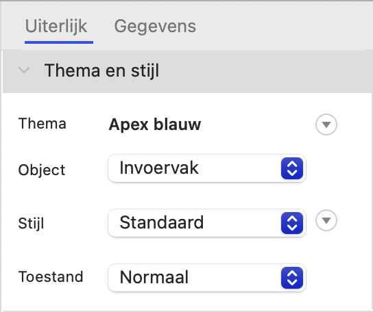 Infovenster-paneel met tabbladen Uiterlijk en Gegevens in macOS