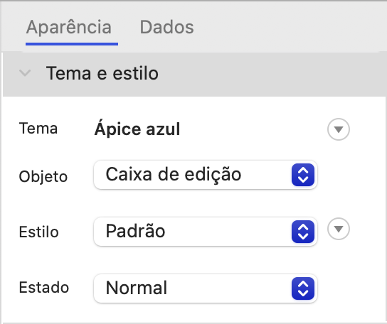 Painel do Inspetor mostrando as abas Aparência e Dados no macOS