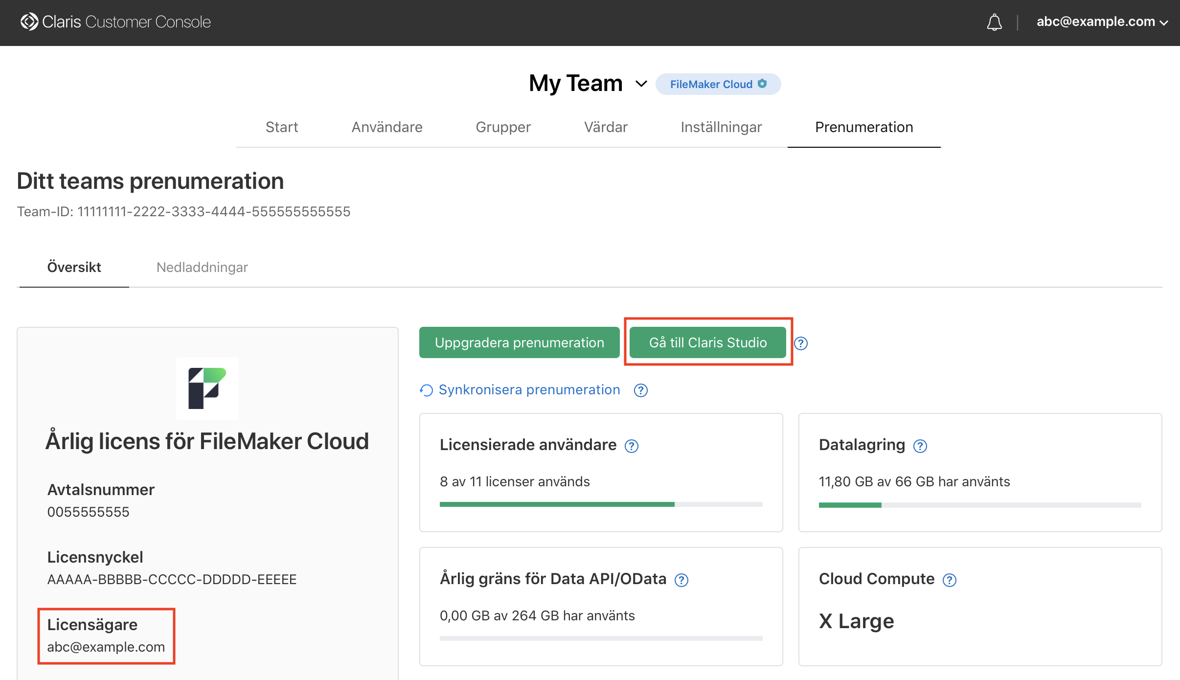 Klicka för att förstora Plats för länken Go to Claris Studio och licensägarens e-postadress på prenumerationssidan i Claris Customer Console