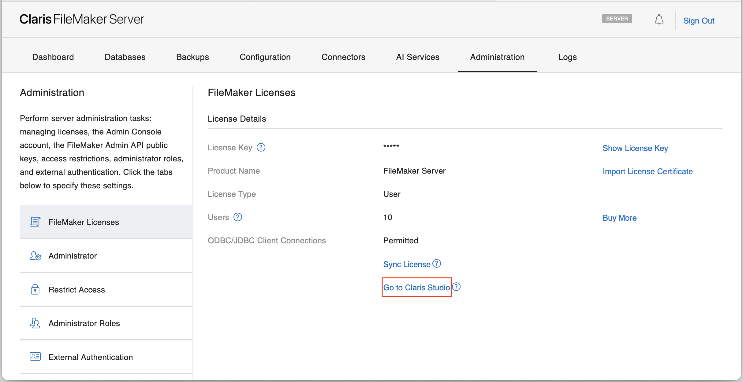 Klicka för att förstora Platsen för länken Go to Claris Studio och licensägarens e-postadress på Administration > fliken FileMaker Licenses i FileMaker Server Admin Console