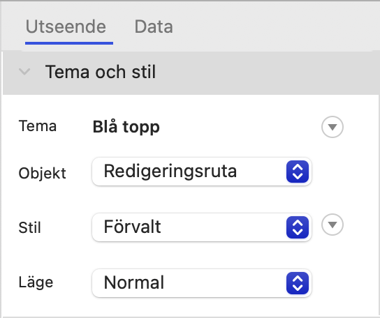 Panelen Granskare med flikarna Utseende och Data i macOS